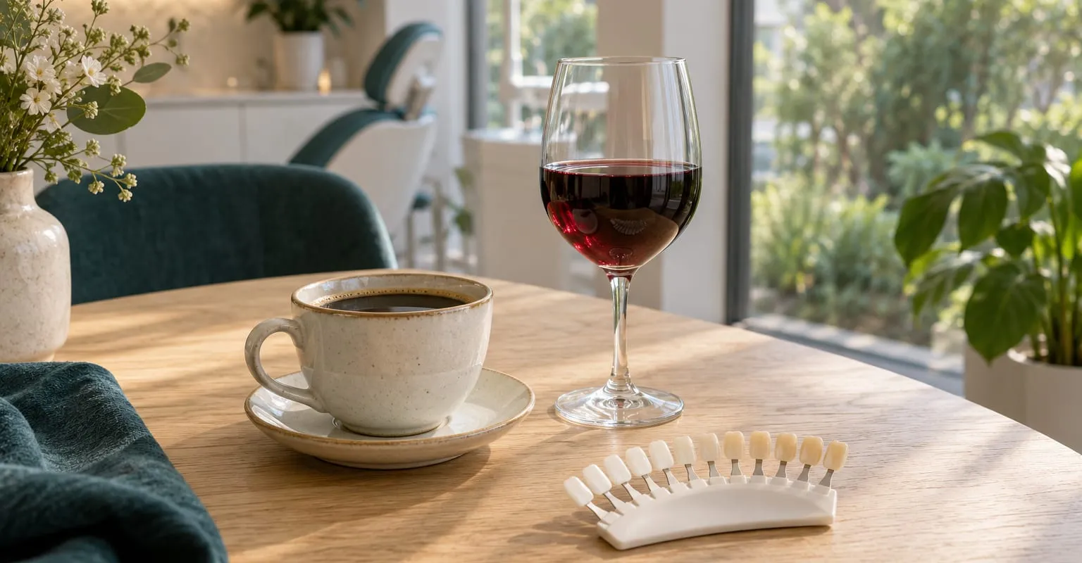 O ceașcă de cafea, un pahar de vin roșu și cheia de culori pentru dinți, pe o masă de lemn