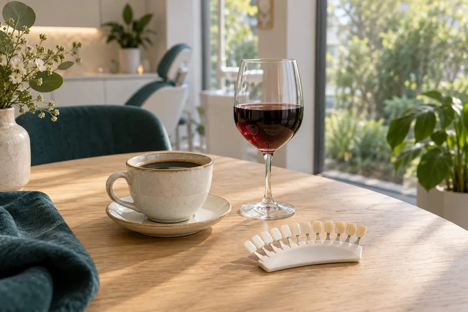 O ceașcă de cafea, un pahar de vin roșu și cheia de culori pentru dinți, pe o masă de lemn