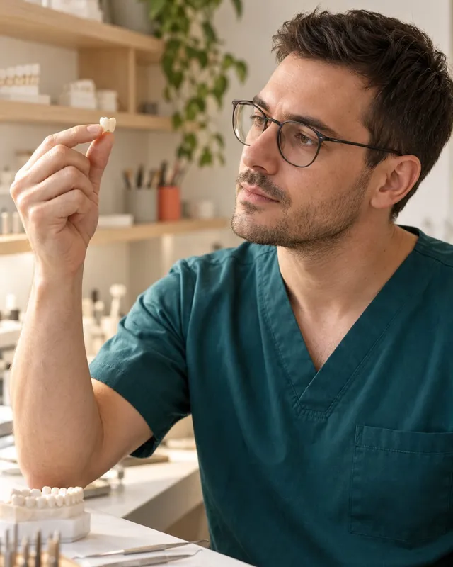 Dr. Andrei Cozma, cu ochelari, privește o coroană din zirconiu în laboratorul clinicii