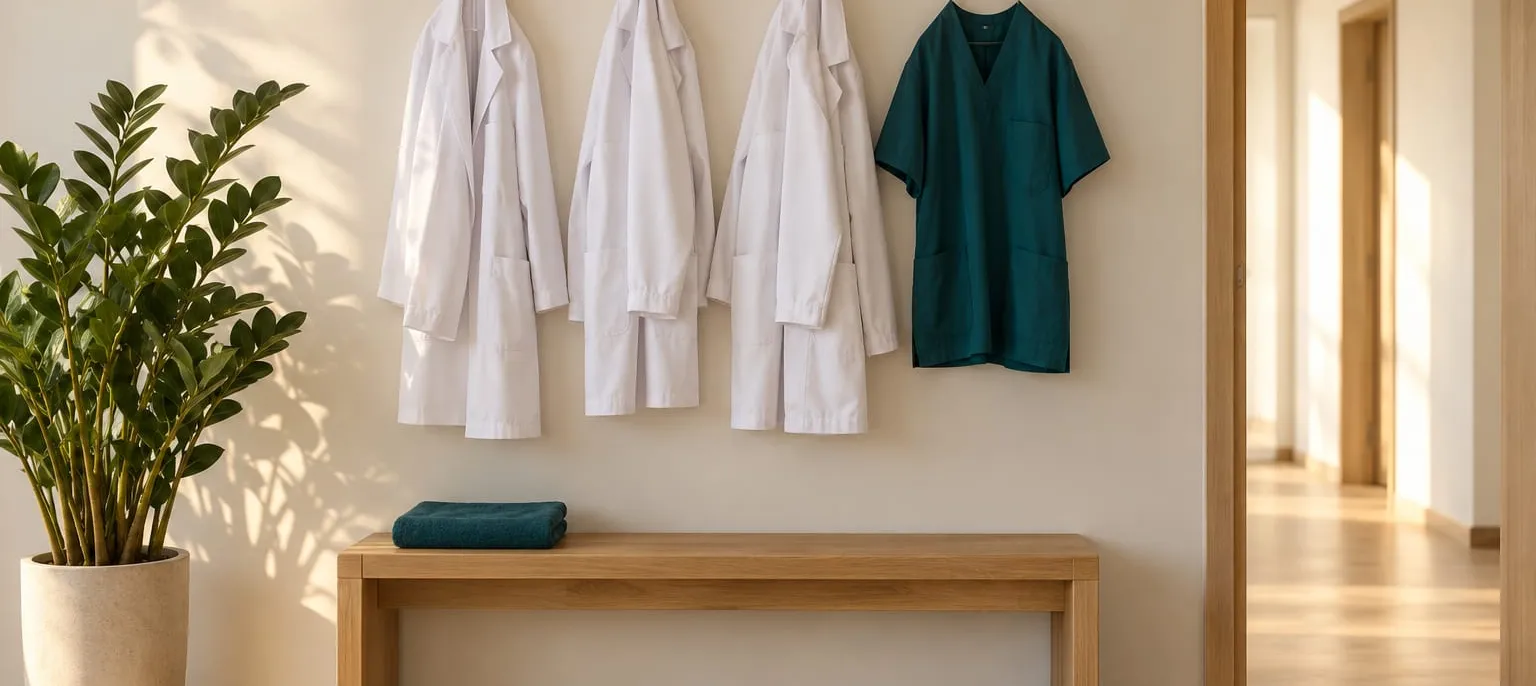 Halatele medicilor pe cuierul din lemn, deasupra unei bănci, lângă o plantă
