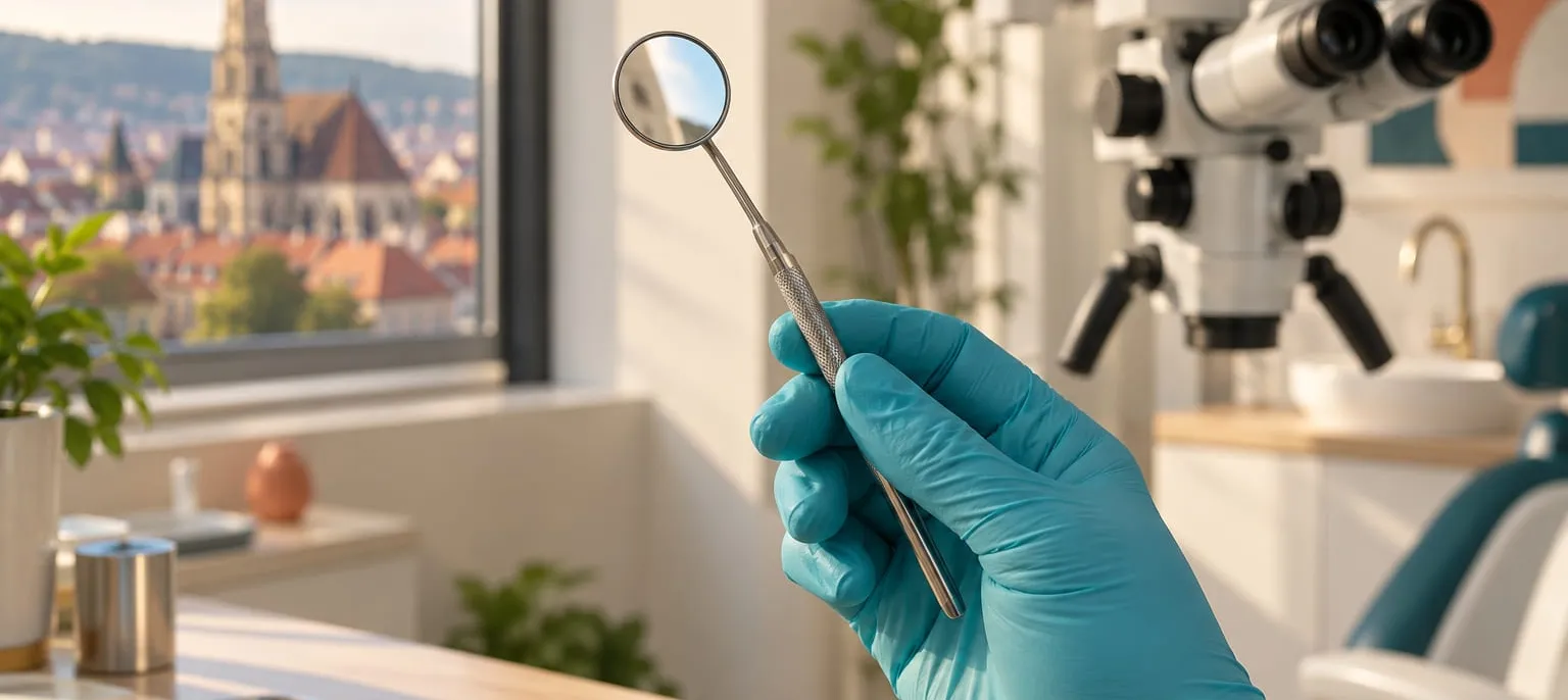 Mâna medicului ține oglinda dentară; în spate, microscopul din cabinet