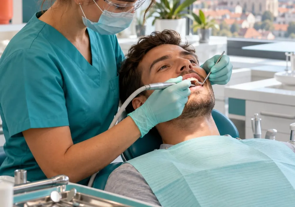 Asistenta face o igienizare profesională unui pacient relaxat, în scaunul turcoaz