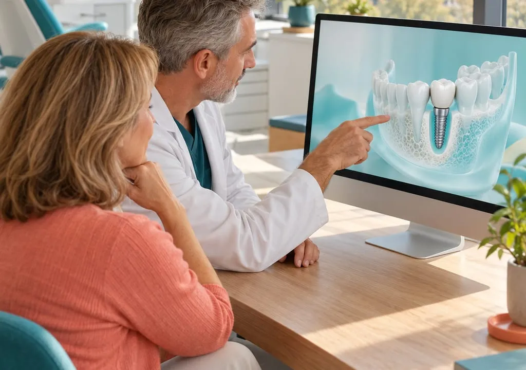 Medicul implantolog îi arată unei paciente, pe monitor, planul 3D al implantului