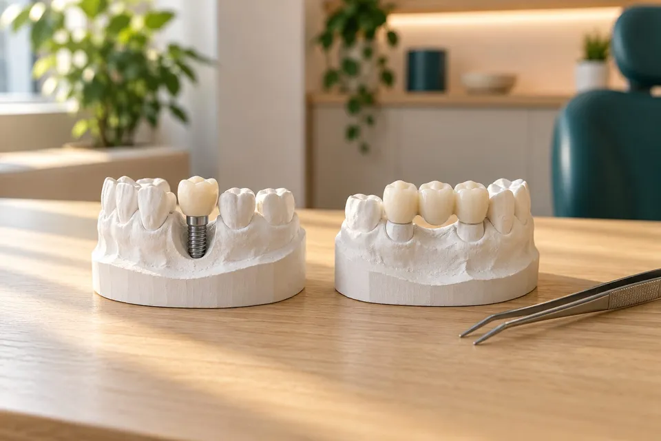 Două modele dentare din ghips: unul cu o coroană pe implant, altul cu o punte din trei dinți