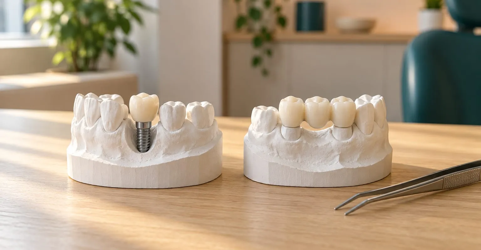 Două modele dentare din ghips: unul cu o coroană pe implant, altul cu o punte din trei dinți