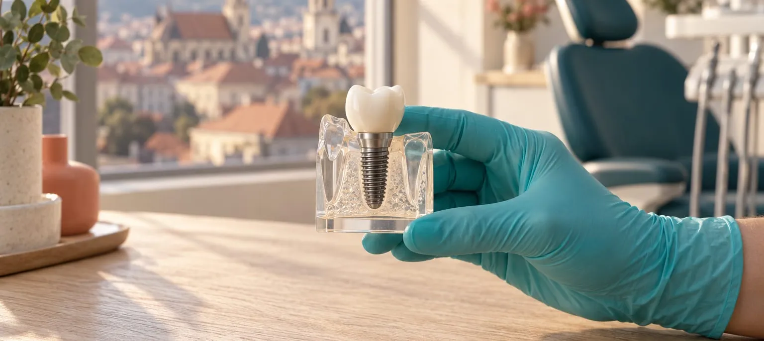 Mâna medicului, în mănușă, ține un model de implant dentar cu coroană albă