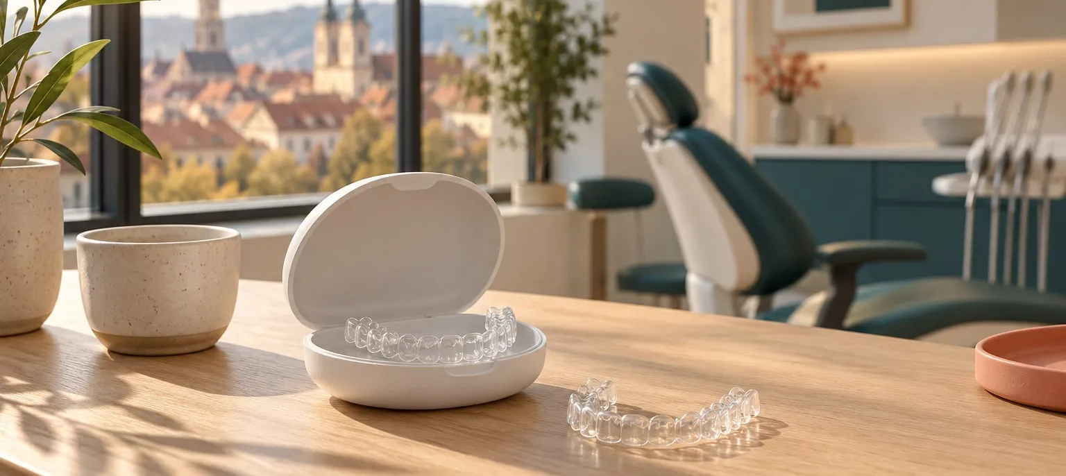 Alignere transparente lângă cutia lor albă, pe biroul din cabinet