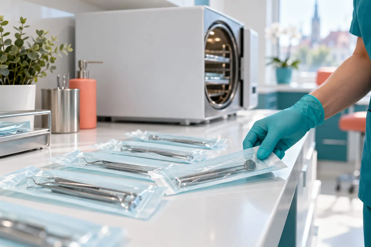 Pungi sigilate cu instrumente sterilizate, lângă autoclav