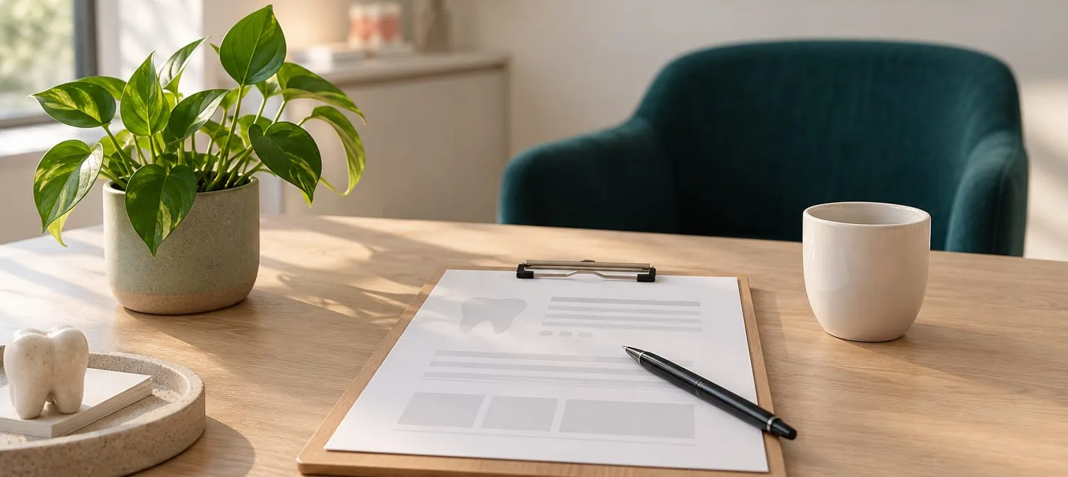 Un plan de tratament pe clipboard, pe biroul de consultații, lângă o cană și o plantă