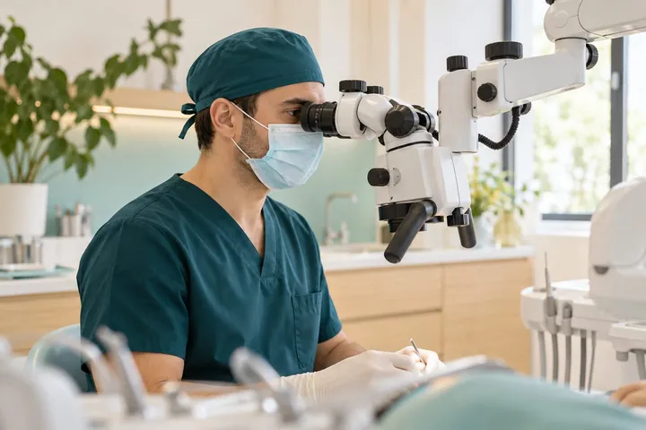 Medic stomatolog care lucrează la microscopul dentar
