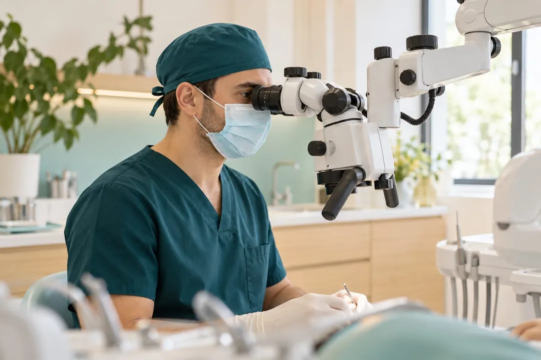 Medic stomatolog care lucrează la microscopul dentar