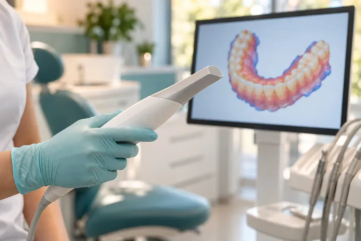 Medic care ține un scanner intraoral, cu modelul 3D al arcadei pe monitor