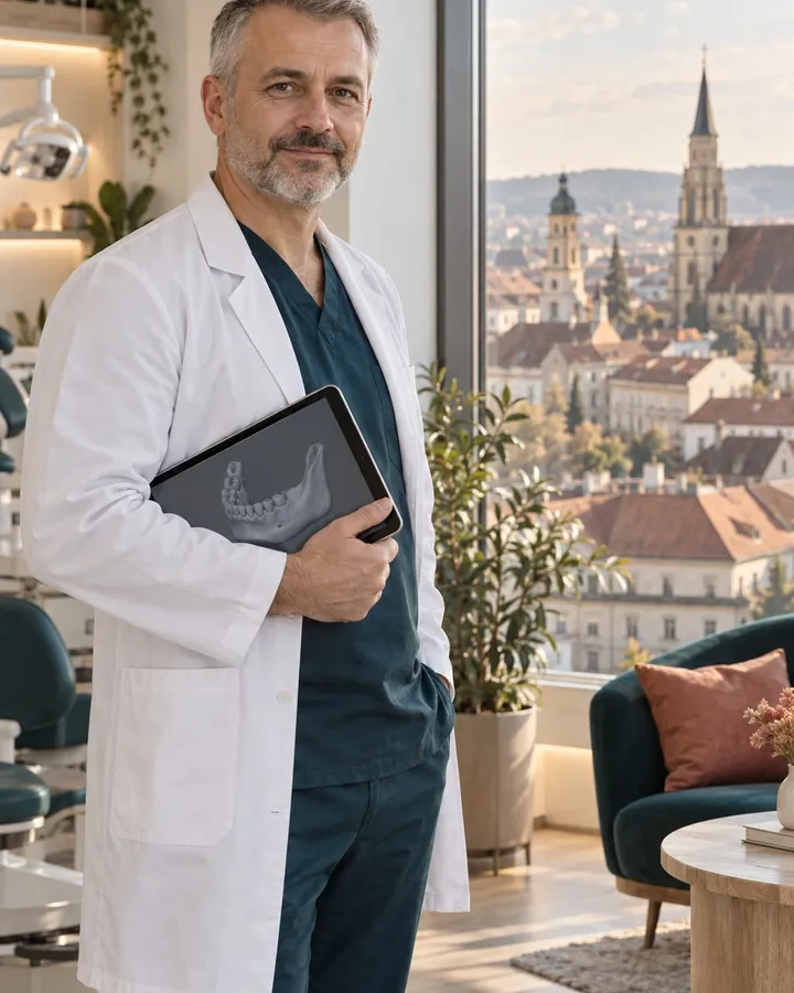 Dr. Tudor Oltean lângă fereastra cabinetului, cu tableta în mână